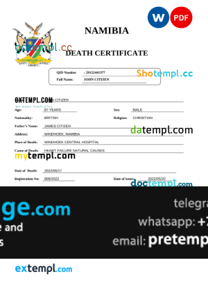 download Namibia vital record death certificate template free fonts