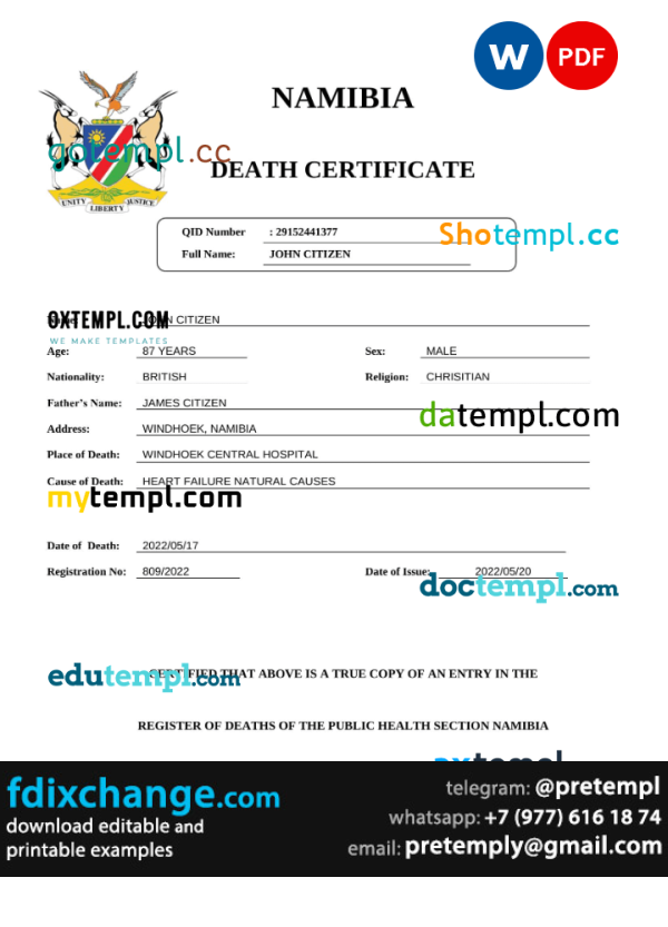 download Namibia vital record death certificate template free fonts