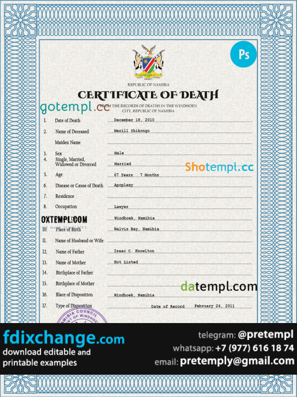 download Namibia vital record death certificate template free fonts
