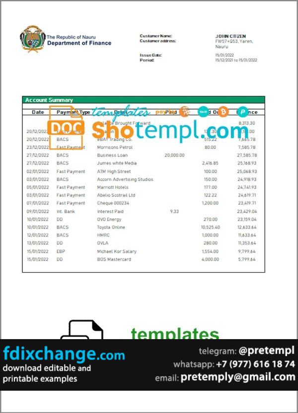 download Nauru Bank of Nauru bank statement template free fonts