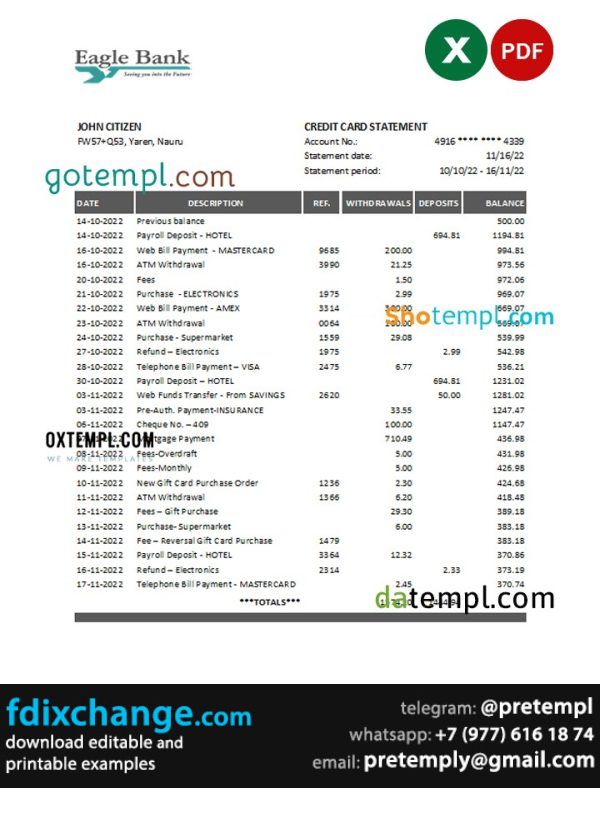 download Nauru Eagle bank statement template free fonts
