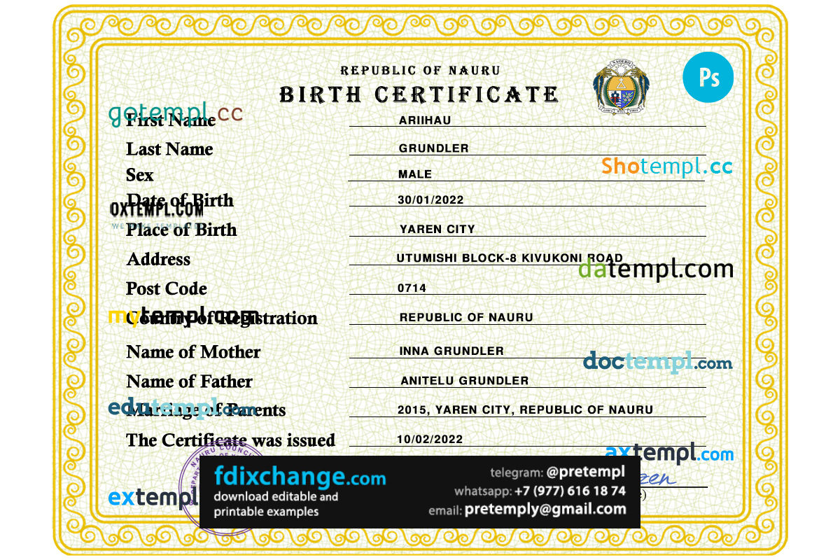 download Nauru birth certificate template free fonts, completely editable
