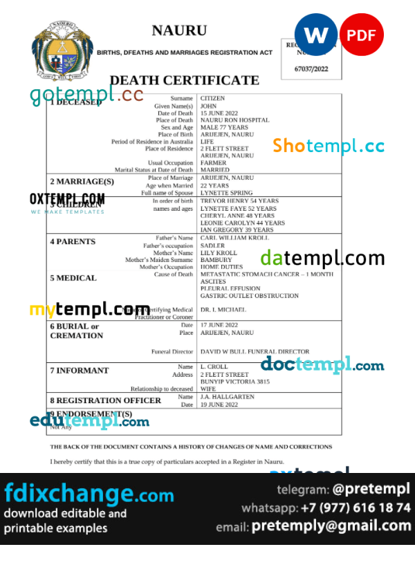 download Nauru death certificate template free fonts, completely editable