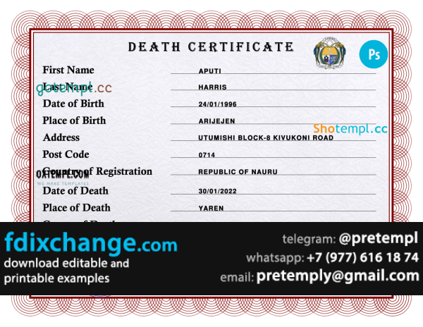 download Nauru vital record death certificate template free fonts