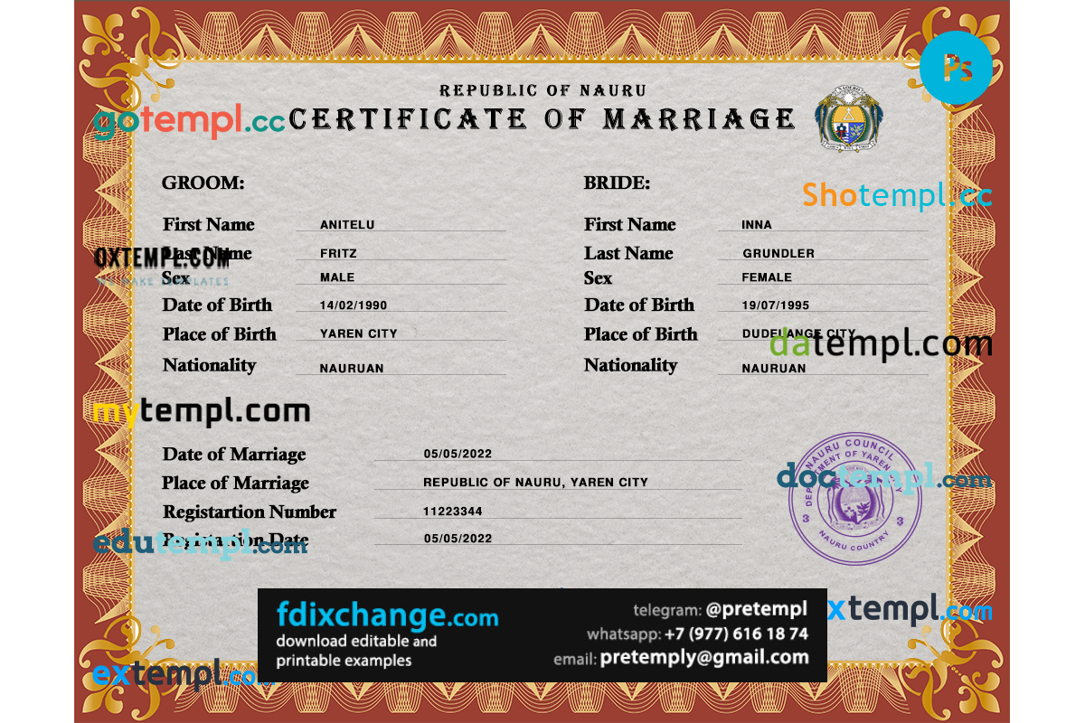 download Nauru marriage certificate template free fonts