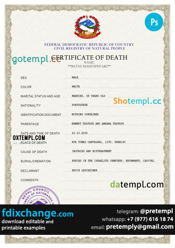 download Nepal vital record death certificate template free fonts, completely editable