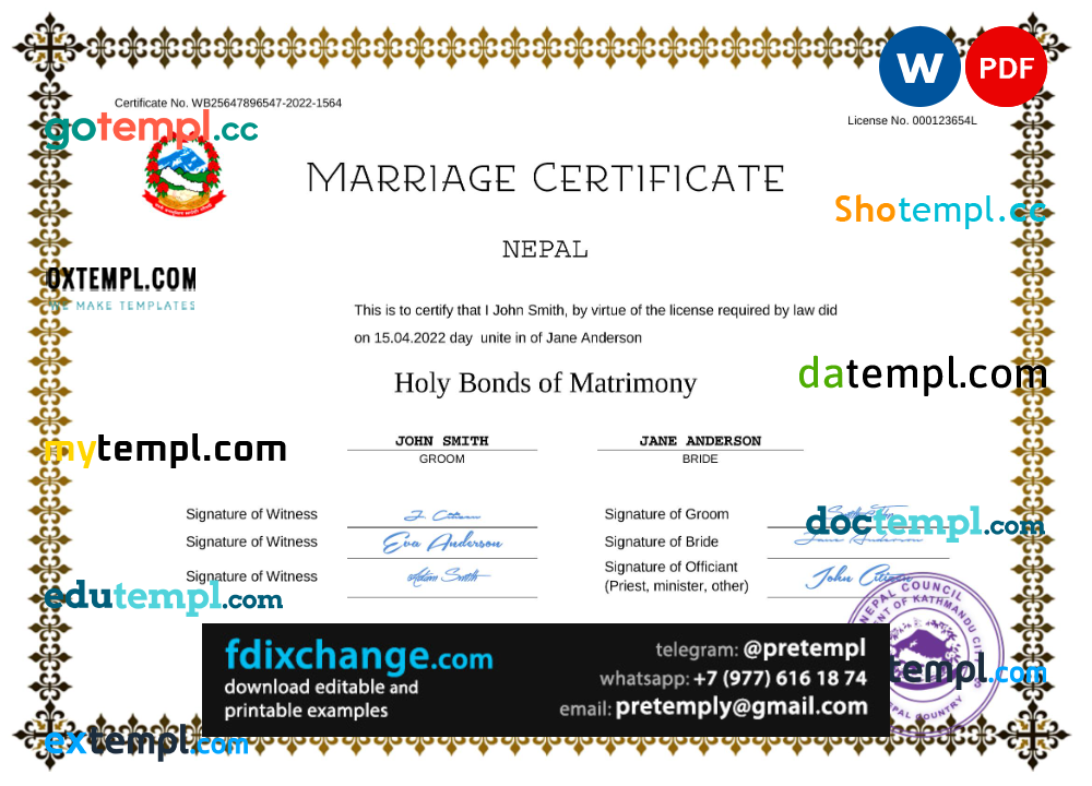 download Nepal marriage certificate template free fonts, fully editable