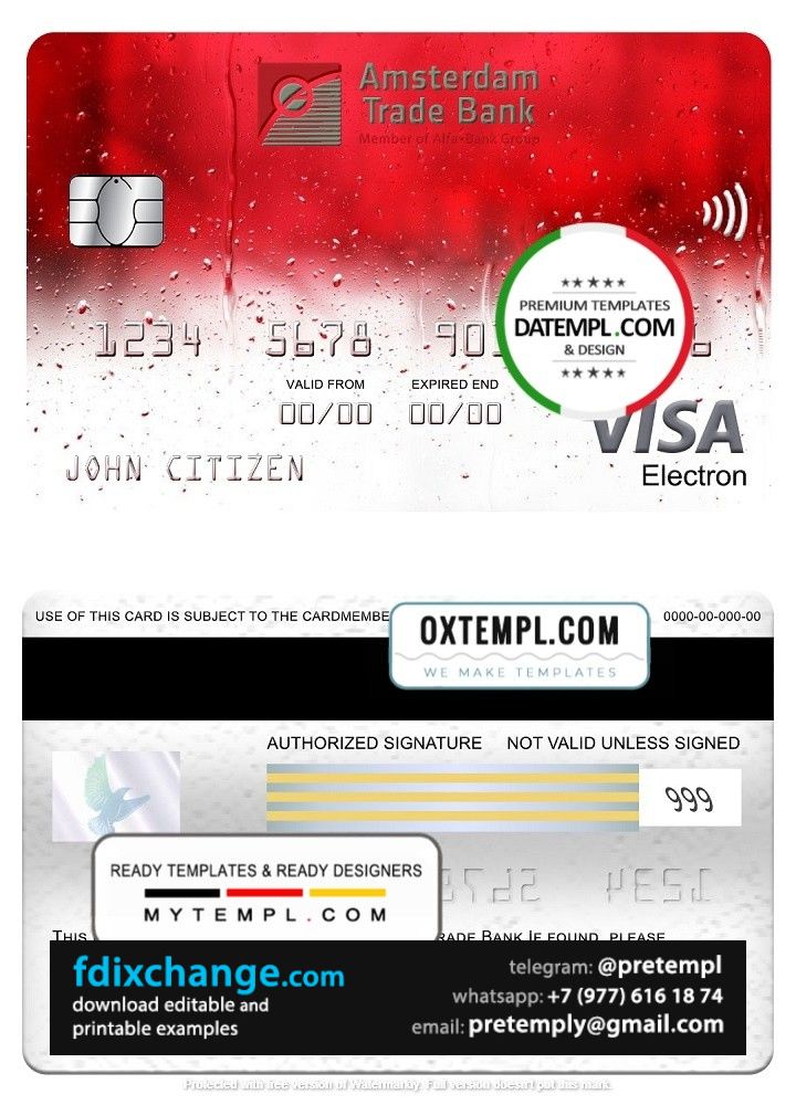 download Netherlands Amsterdam Trade bank visa electron card, fully editable template free fonts