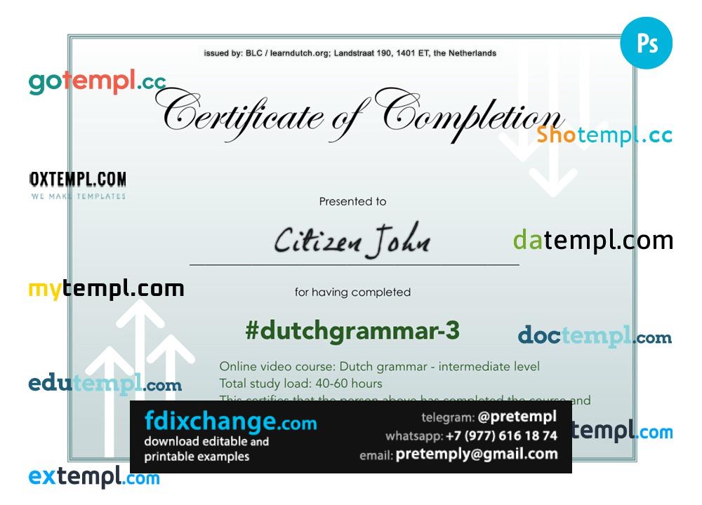 download Netherlands language grammar certificate of completion template free fonts, completely editable