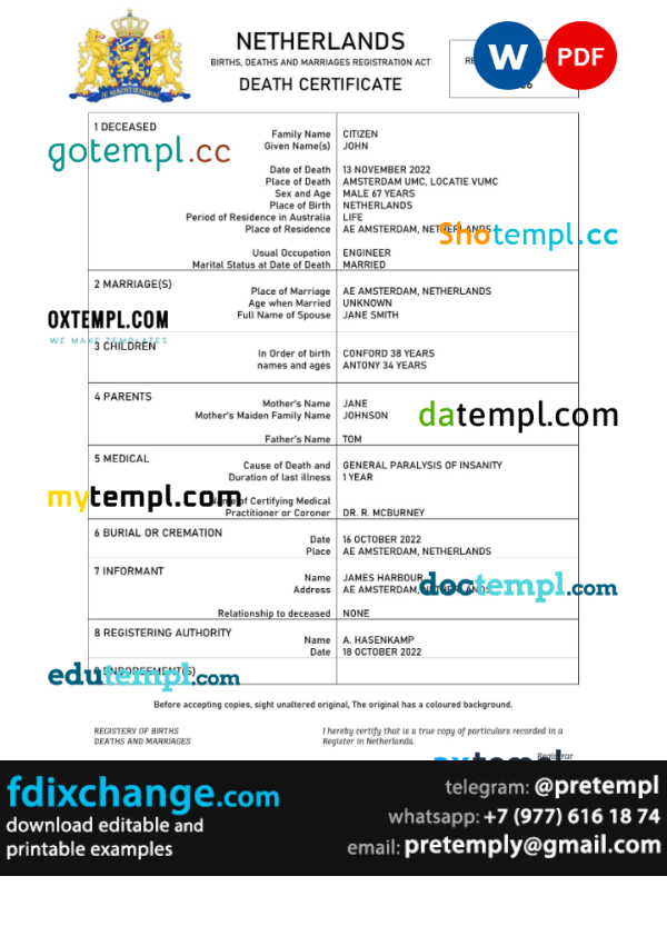 download Netherlands vital record death certificate template free fonts