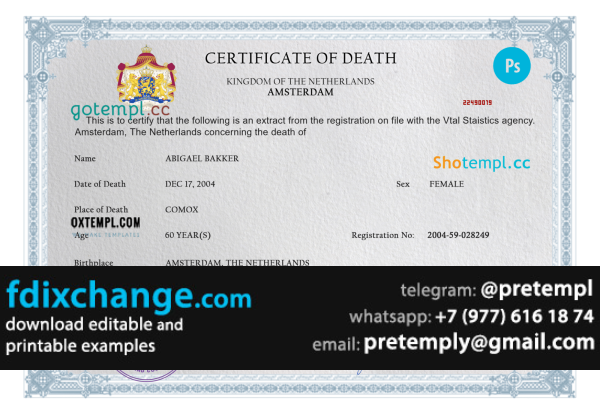 download Netherlands death certificate template free fonts, completely editable