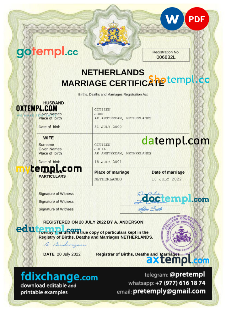 download Netherlands marriage certificate template free fonts, fully editable