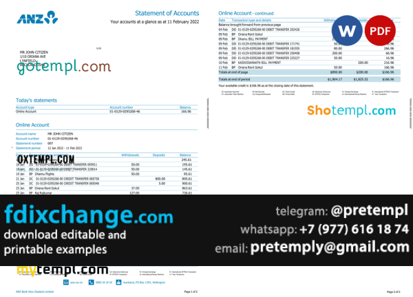 download New Zealand ANZ bank account statement, template free fonts, 2 pages