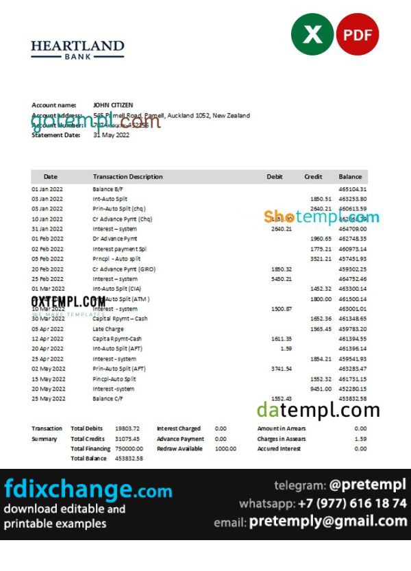 download New Zealand Heartland bank statement template free fonts