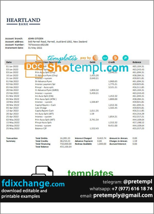 download New Zealand Heartland bank statement template free fonts