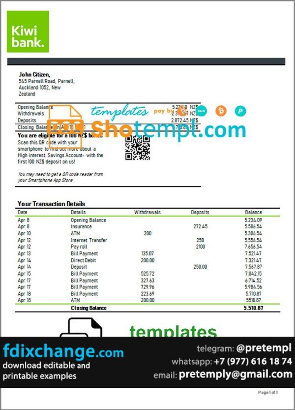 download New Zealand Kiwibank bank statement template free fonts