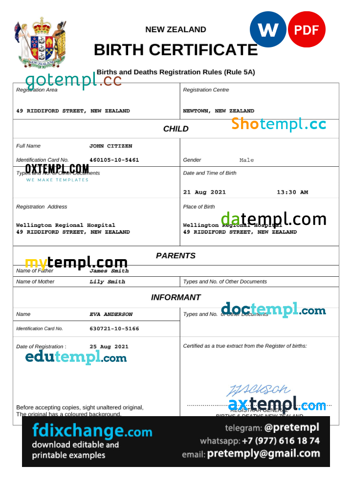 download New Zealand birth certificate template free fonts, completely editable