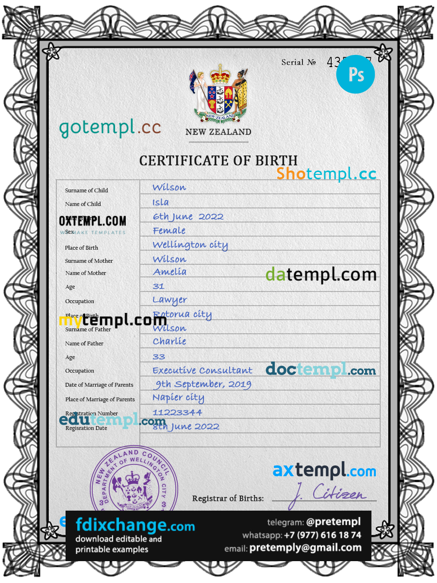 download New Zealand birth certificate template free fonts, completely editable