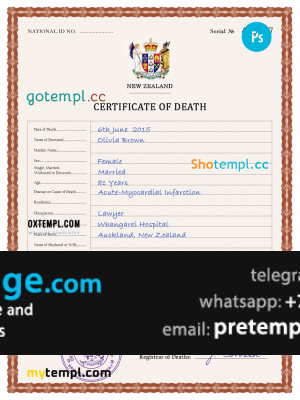 download New Zealand vital record death certificate template free fonts