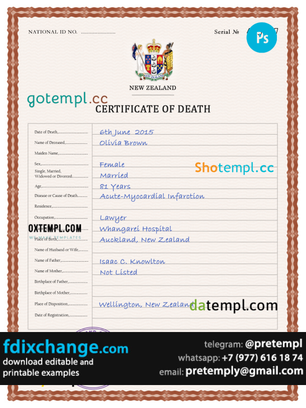 download New Zealand vital record death certificate template free fonts