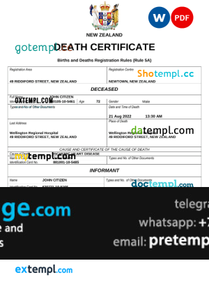 download New Zealand death certificate template free fonts, completely editable