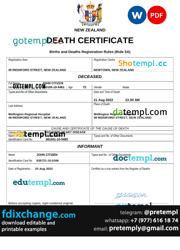 download New Zealand death certificate template free fonts, completely editable