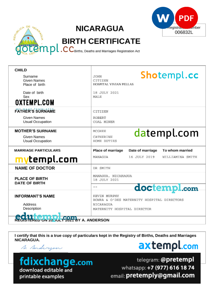 download Nicaragua vital record birth certificate template free fonts, completely editable