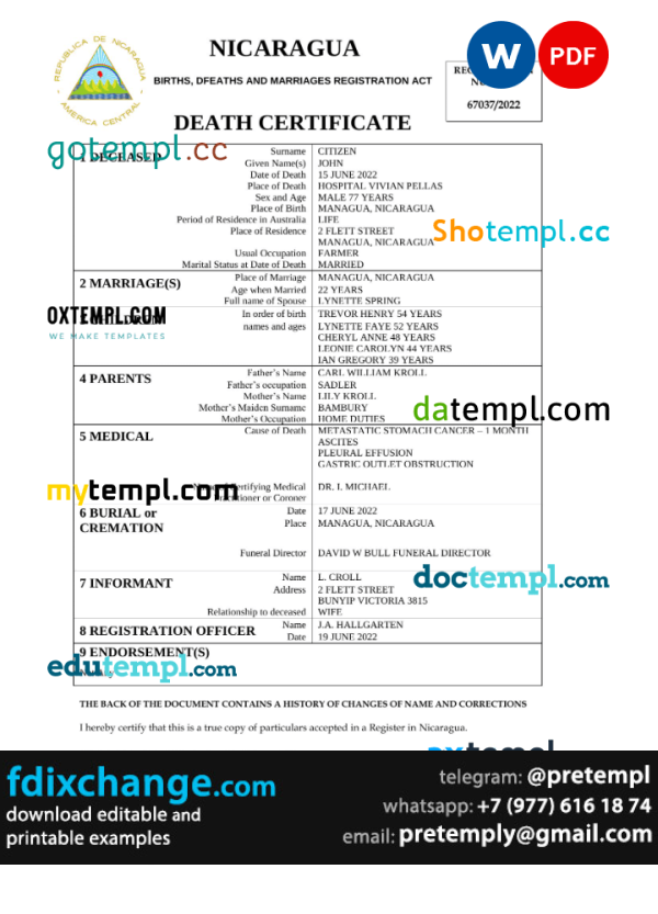 download Nicaragua vital record death certificate template free fonts