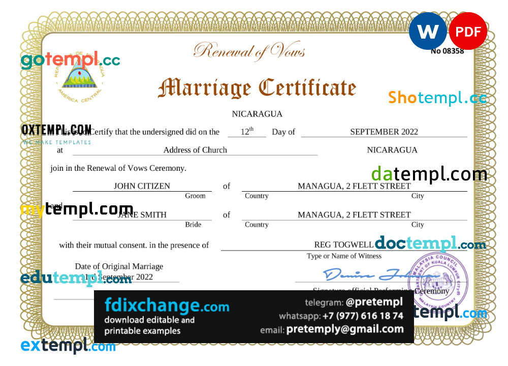 download Nicaragua marriage certificate template free fonts, fully editable