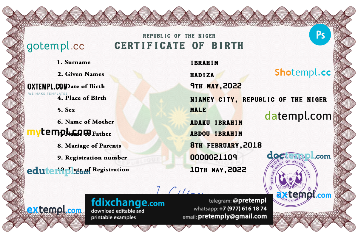 download Niger vital record birth certificate template free fonts