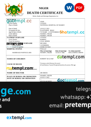 download Niger death certificate template free fonts, completely editable