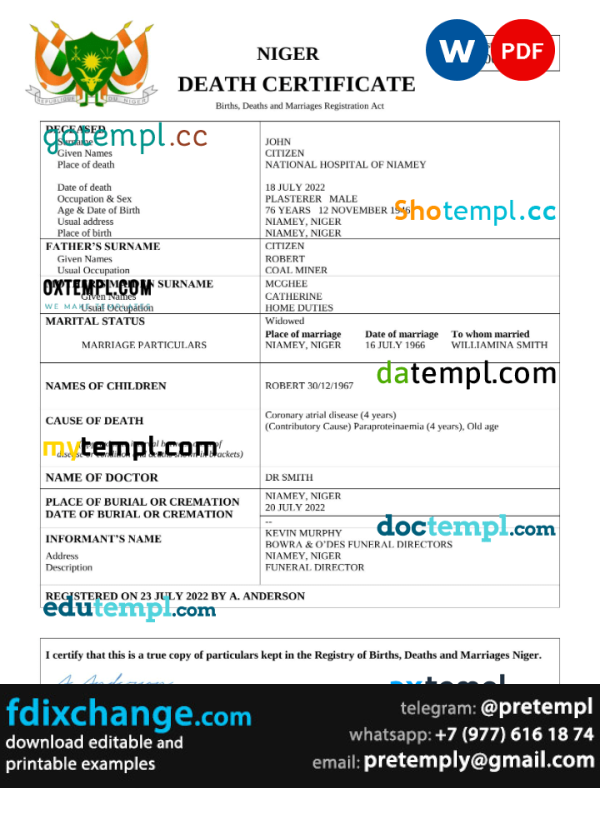 download Niger death certificate template free fonts, completely editable