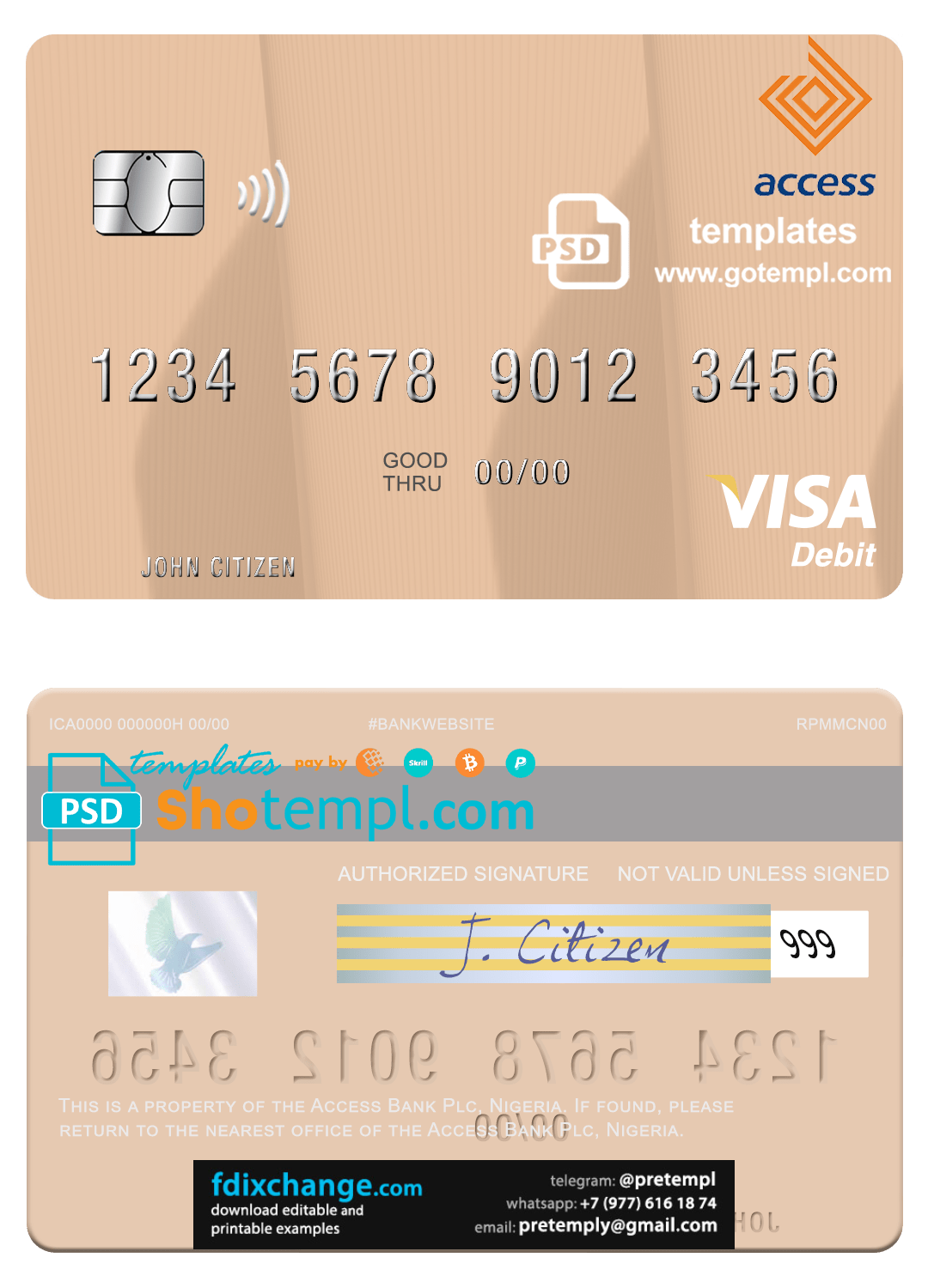 download Nigeria Access Bank Plc visa debit card, fully editable template free fonts