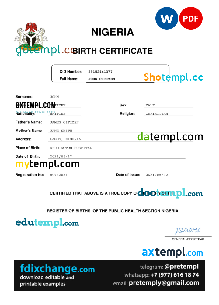 download Nigeria vital record birth certificate template free fonts, completely editable