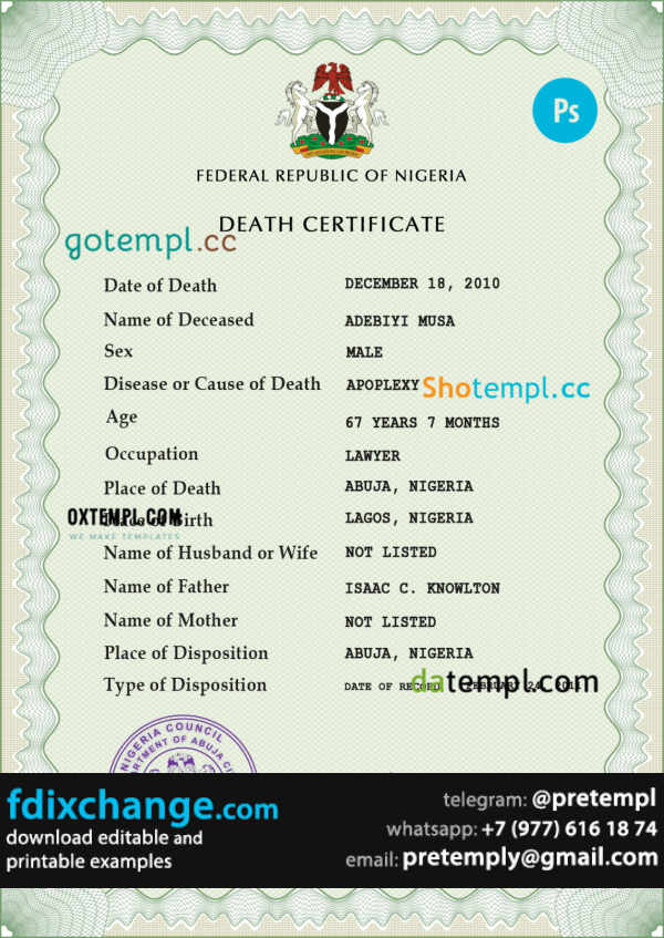 download Nigeria vital record death certificate template free fonts