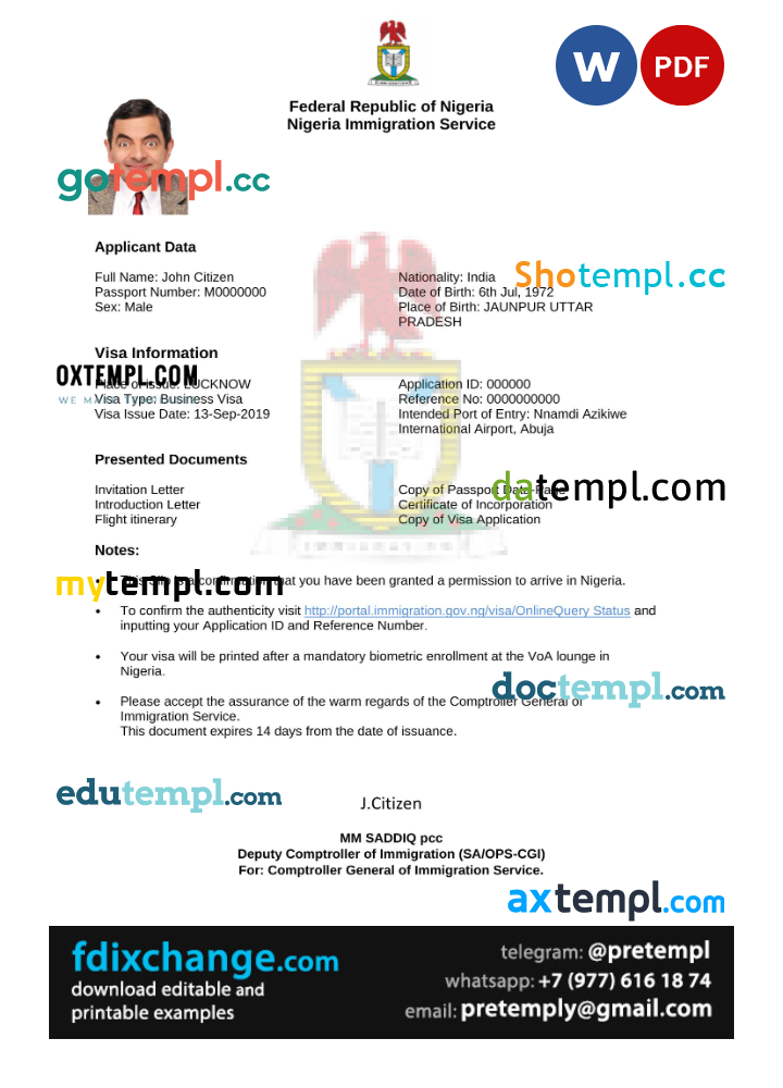 download Nigeria e-visa template free fonts