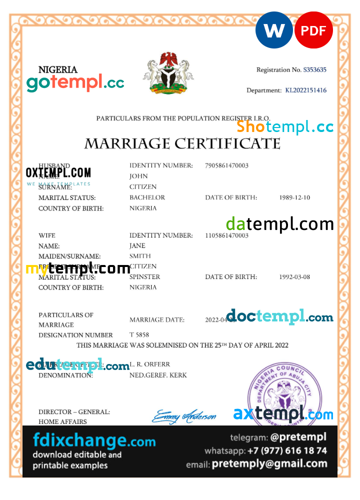 download Nigeria marriage certificate template free fonts, completely editable