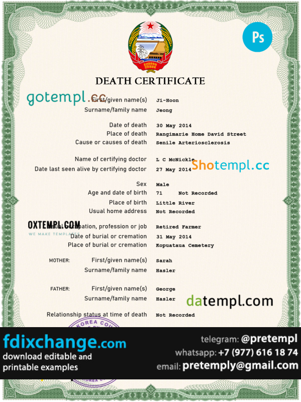 download North Korea death certificate template free fonts, completely editable