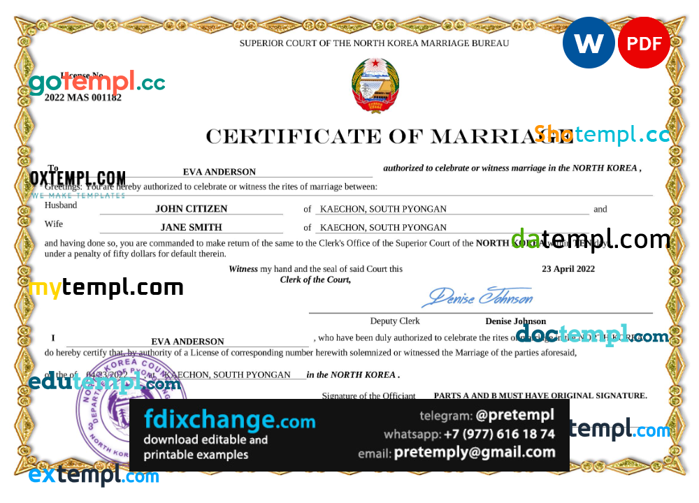 download North Korea marriage certificate template free fonts, fully editable