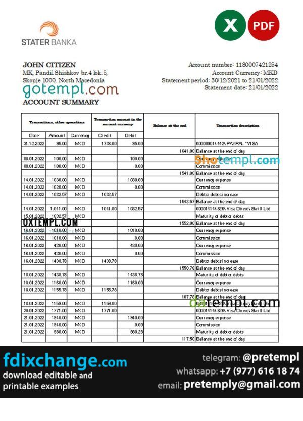 download North Macedonia Stater Banka bank statement template free fonts