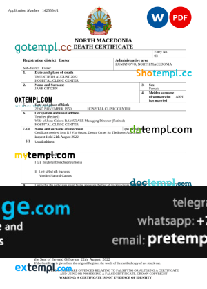 download North Macedonia death certificate template free fonts