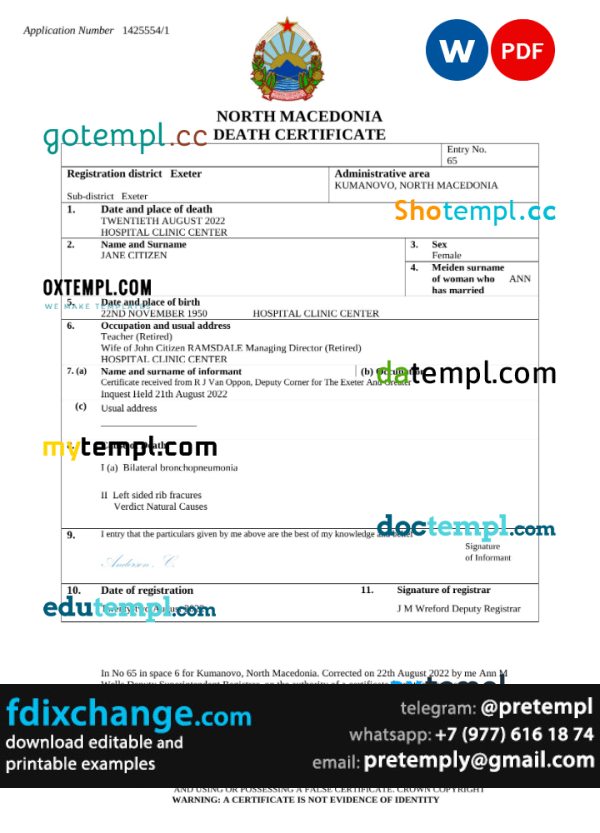 download North Macedonia death certificate template free fonts