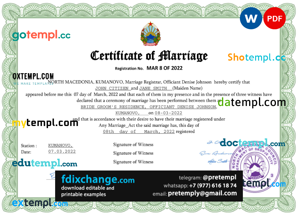 download North Macedonia marriage certificate template free fonts, completely editable