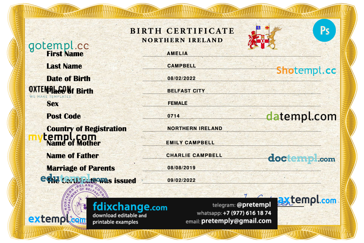 download Northern Ireland vital record birth certificate template free fonts
