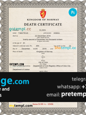 download Norway vital record death certificate template free fonts, completely editable