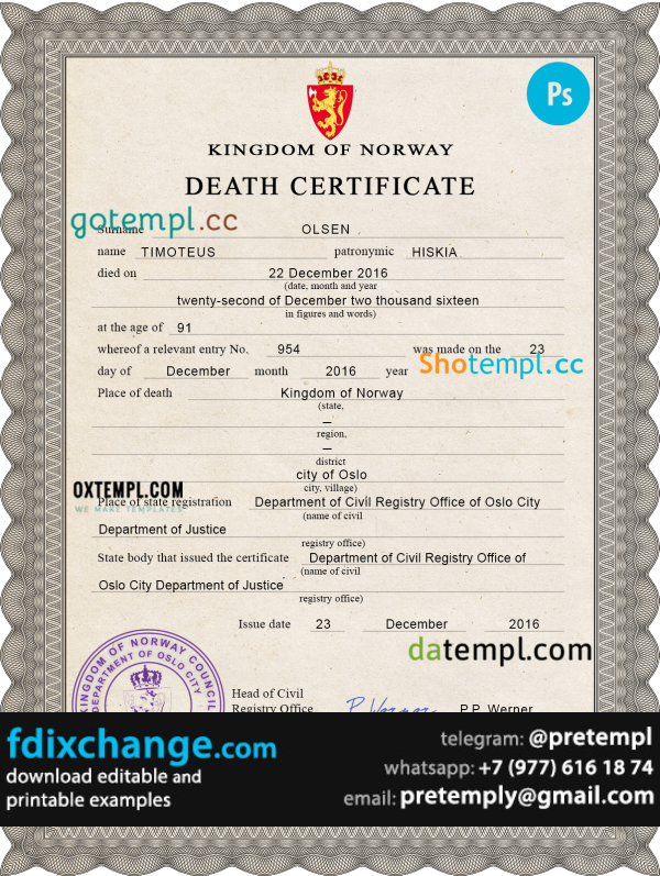download Norway vital record death certificate template free fonts, completely editable