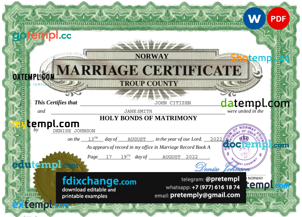 download Norway marriage certificate template free fonts, fully editable