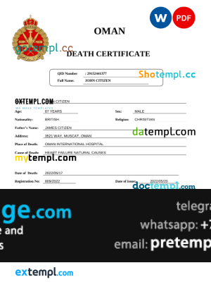 download Oman vital record death certificate template free fonts