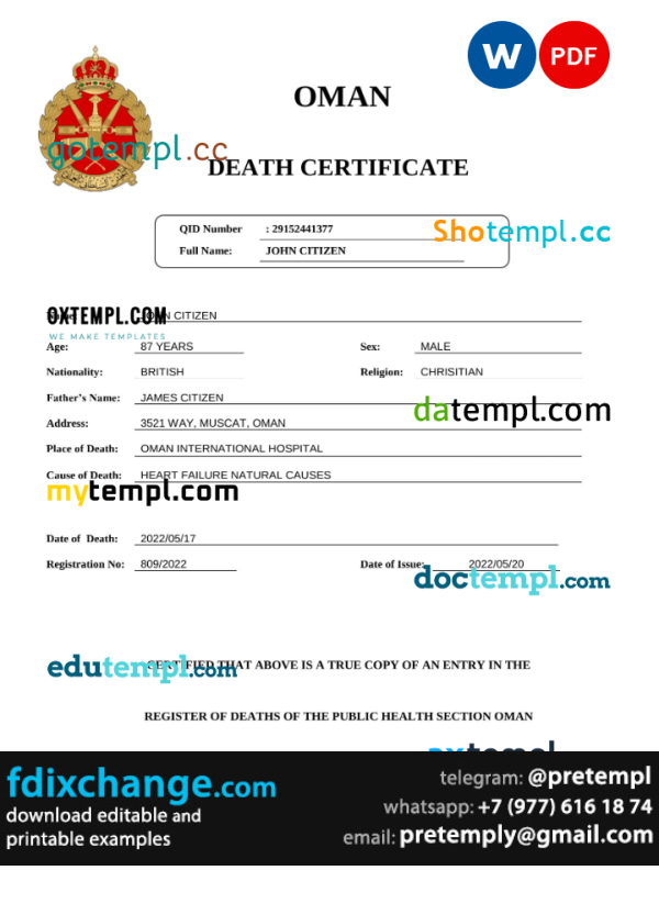 download Oman vital record death certificate template free fonts