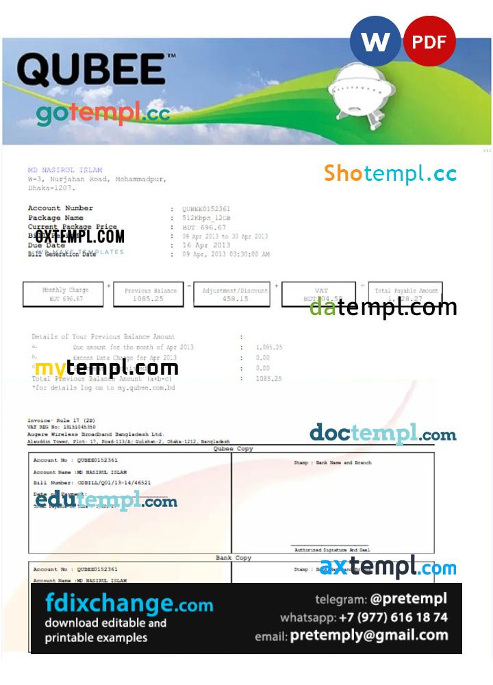 download PAKISTAN QUBEE utility bill template free fonts